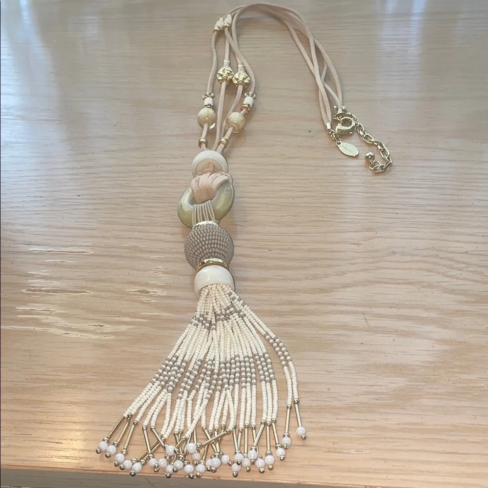 Chico’s Jewelry Leather Beaded Tassel Necklace Bohemian - Picture 7 of 7